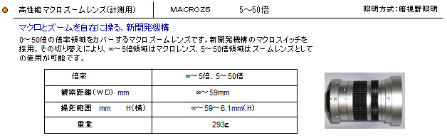 高性能マクロズームレンズ（計測用）